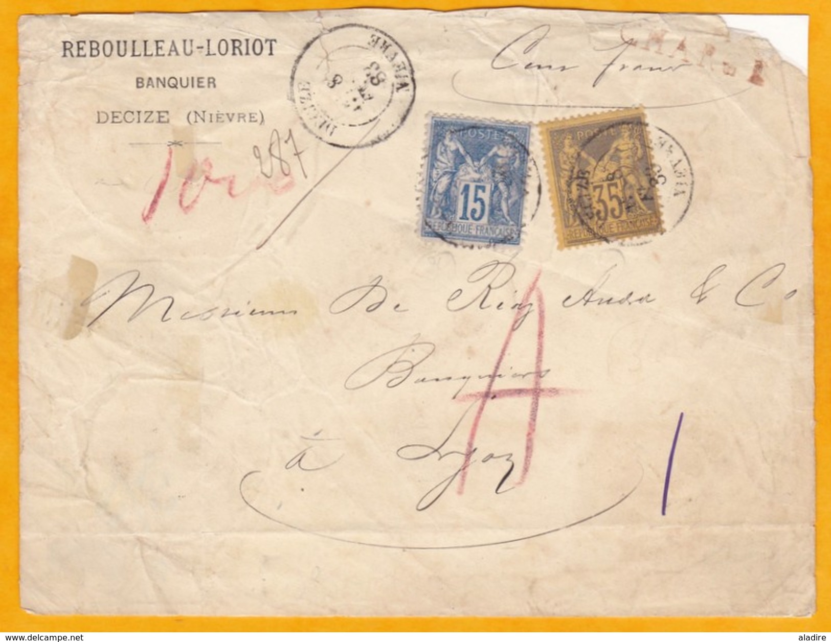 1883 - Devant De Lettre Chargée (100 Francs) De DECIZE Vers LYON - 15 C YT90 Et 30 C YT 93 - 1876-1898 Sage (Type II)