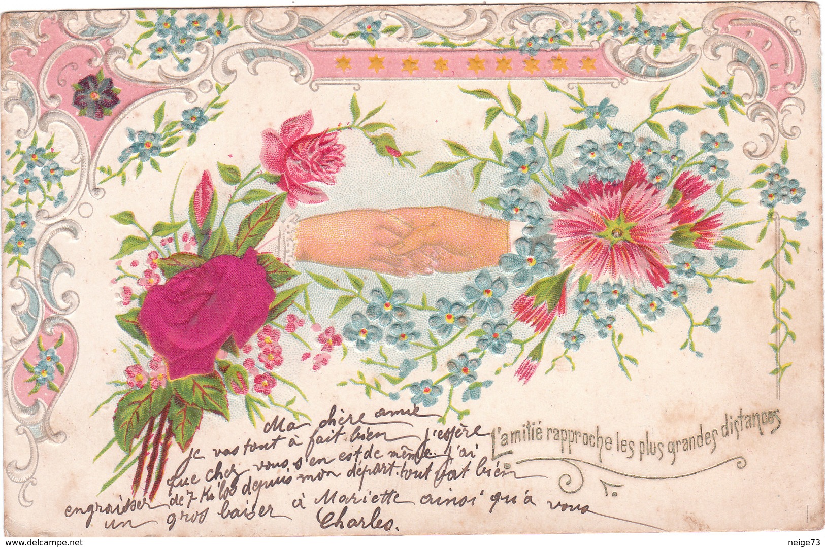 Carte Postale Ancienne Fantaisie - Gaufrée - Fleurs - Rose En Tissu - Main - Autres & Non Classés