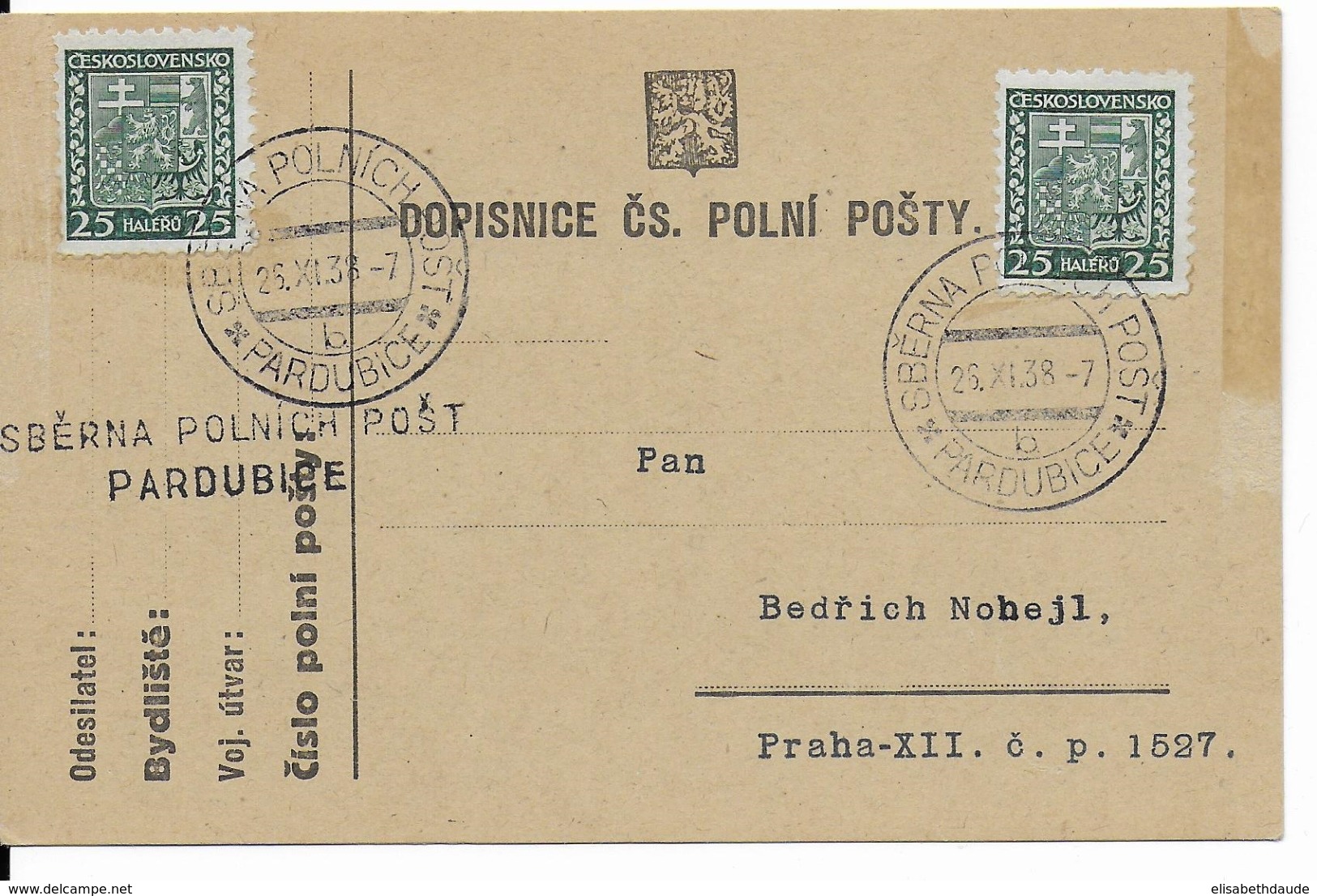 TCHECOSLOVAQUIE - NOVEMBRE 1938 - CARTE MILITAIRE TIMBREE - OBLITERATION Du SECTEUR De PARDUBICE - Storia Postale