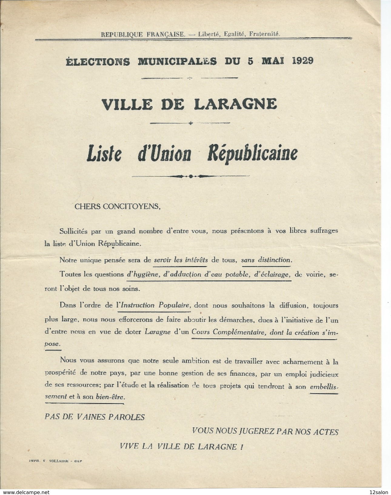 ELECTIONS TRACT  HAUTES ALPES LARAGNE 1929 - Historische Documenten
