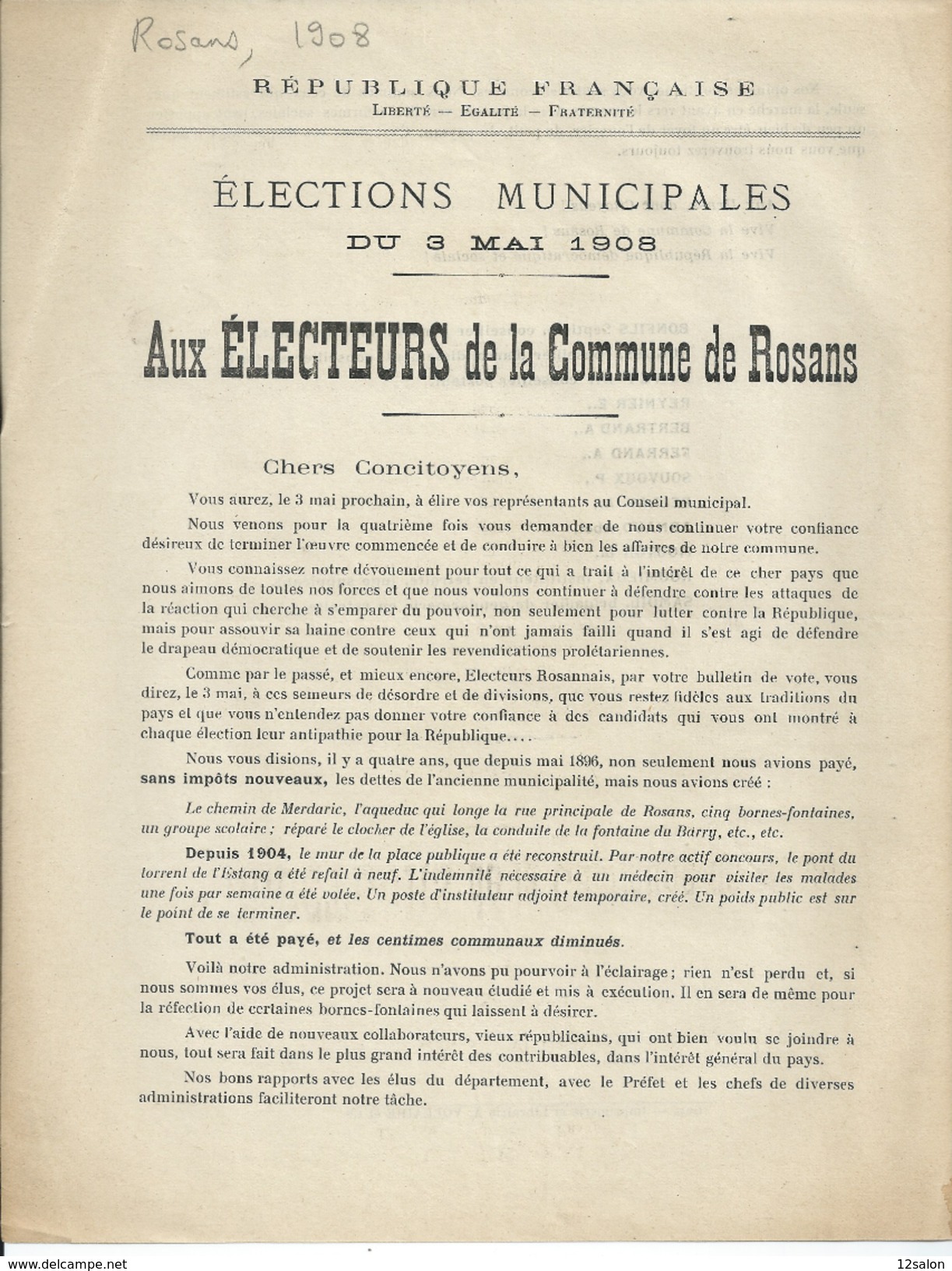 ELECTIONS TRACT  HAUTES ALPES ROSANS 1908 - Documentos Históricos