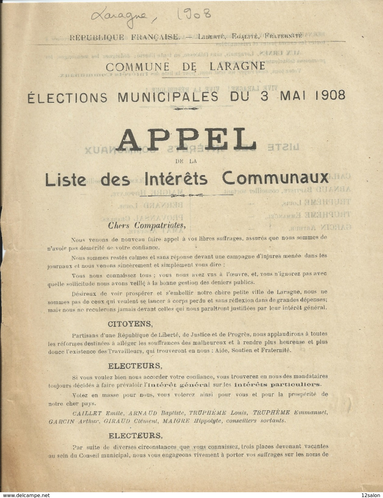 ELECTIONS TRACT  HAUTES ALPES LARAGNE 1908 - Documents Historiques