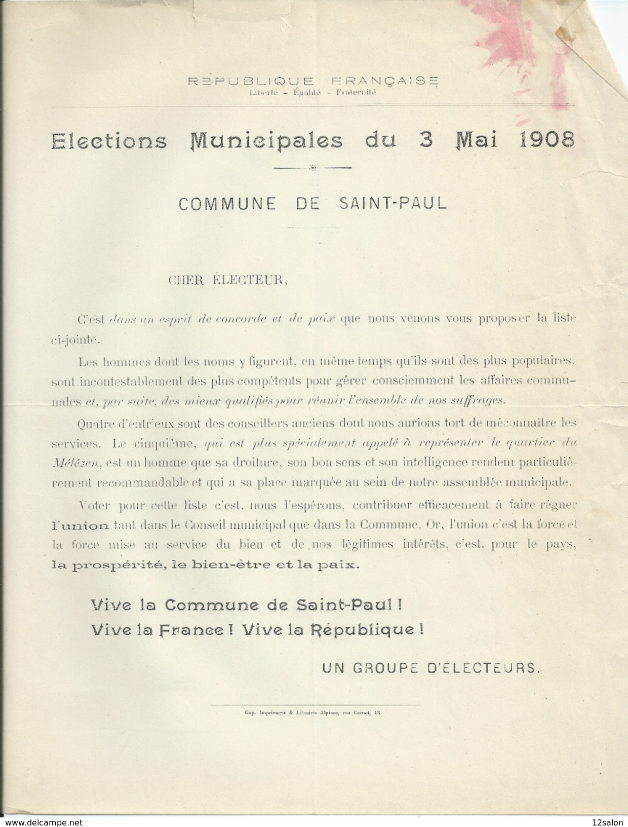ELECTIONS TRACT  HAUTES ALPES SAINT PAUL 1908 - Historische Documenten