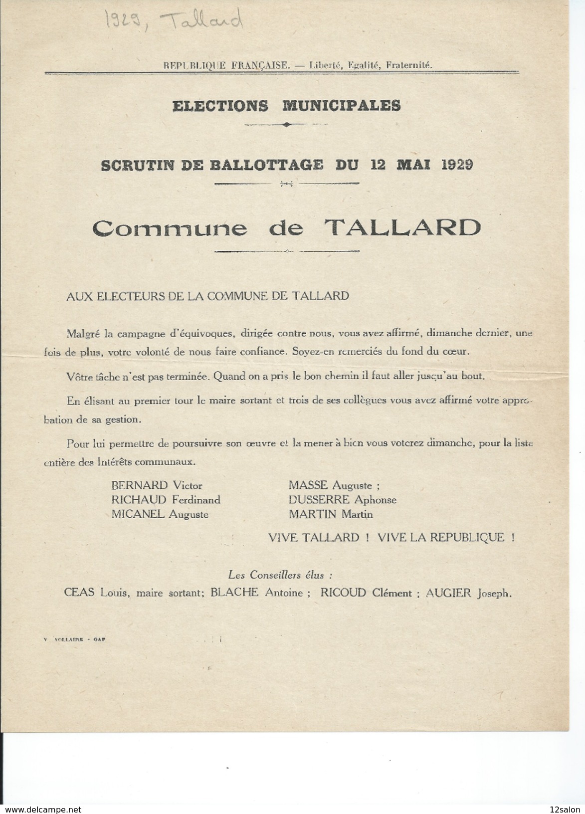 ELECTIONS TRACT  HAUTES ALPES TALLARD 1929 - Documents Historiques