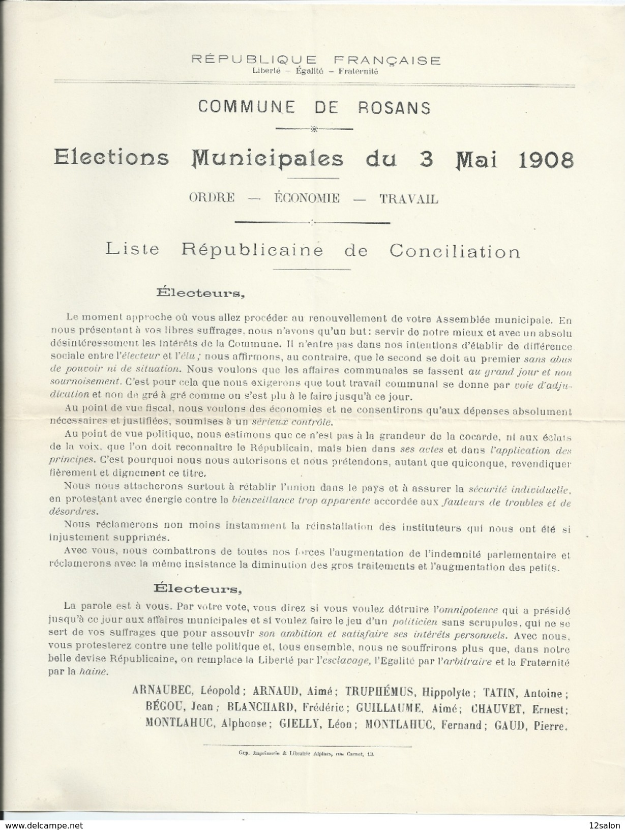 ELECTIONS TRACT  HAUTES ALPES ROSANS 1908 - Documentos Históricos