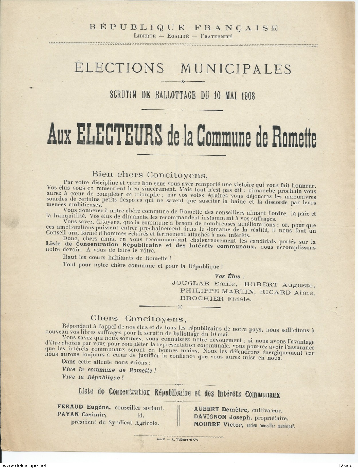 ELECTIONS TRACT  HAUTES ALPES ROMETTE 1908 - Documentos Históricos