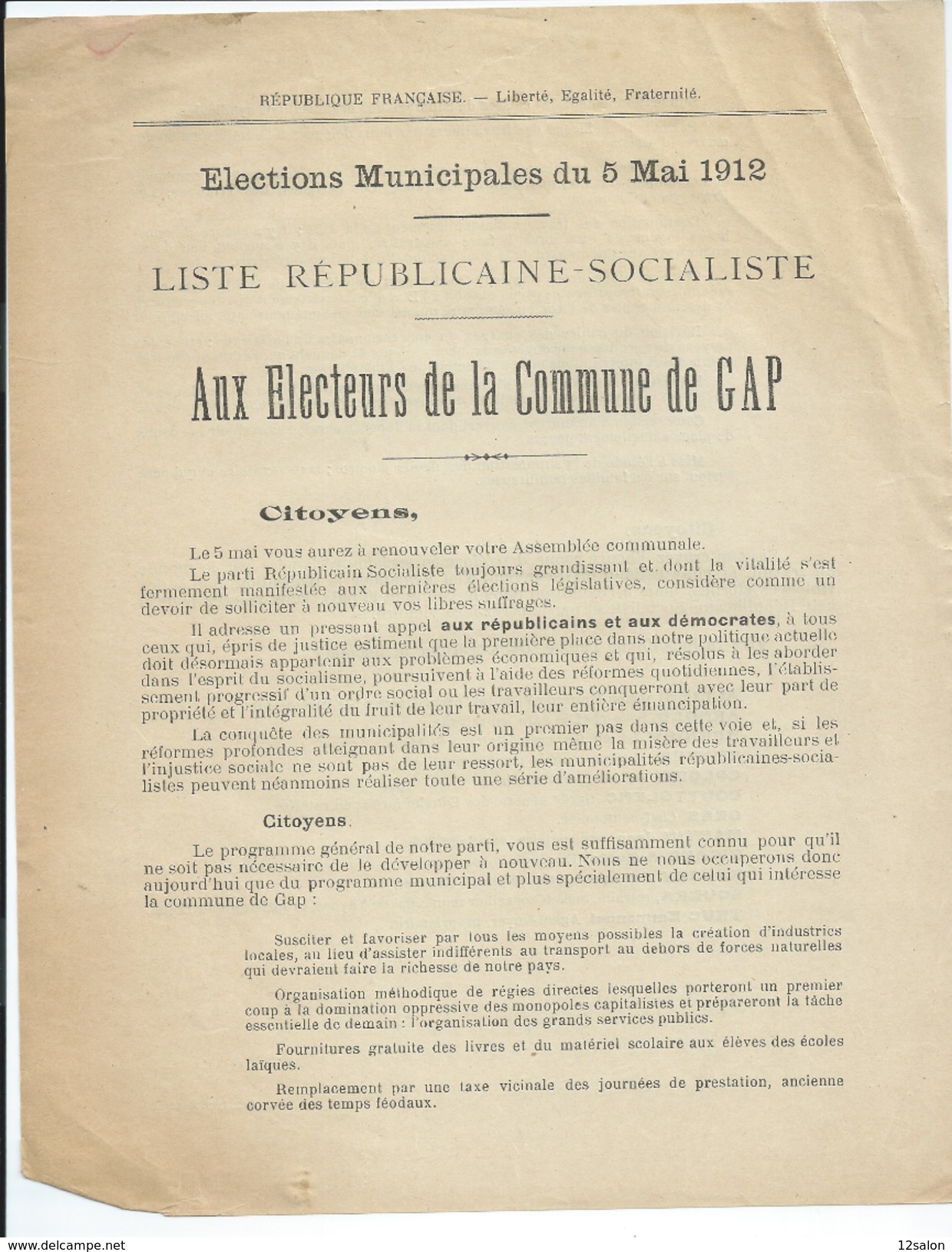 ELECTIONS TRACT  HAUTES ALPES GAP 1912 - Documentos Históricos