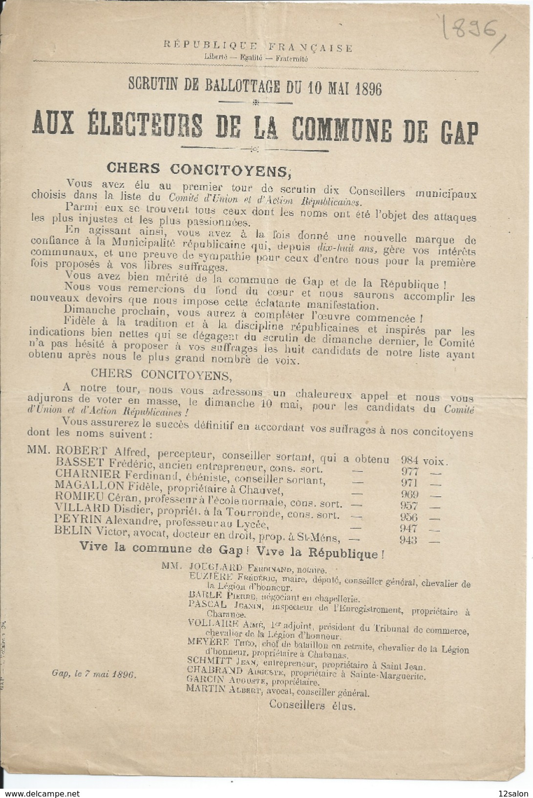 ELECTIONS TRACT  HAUTES ALPES GAP 1896 - Documentos Históricos