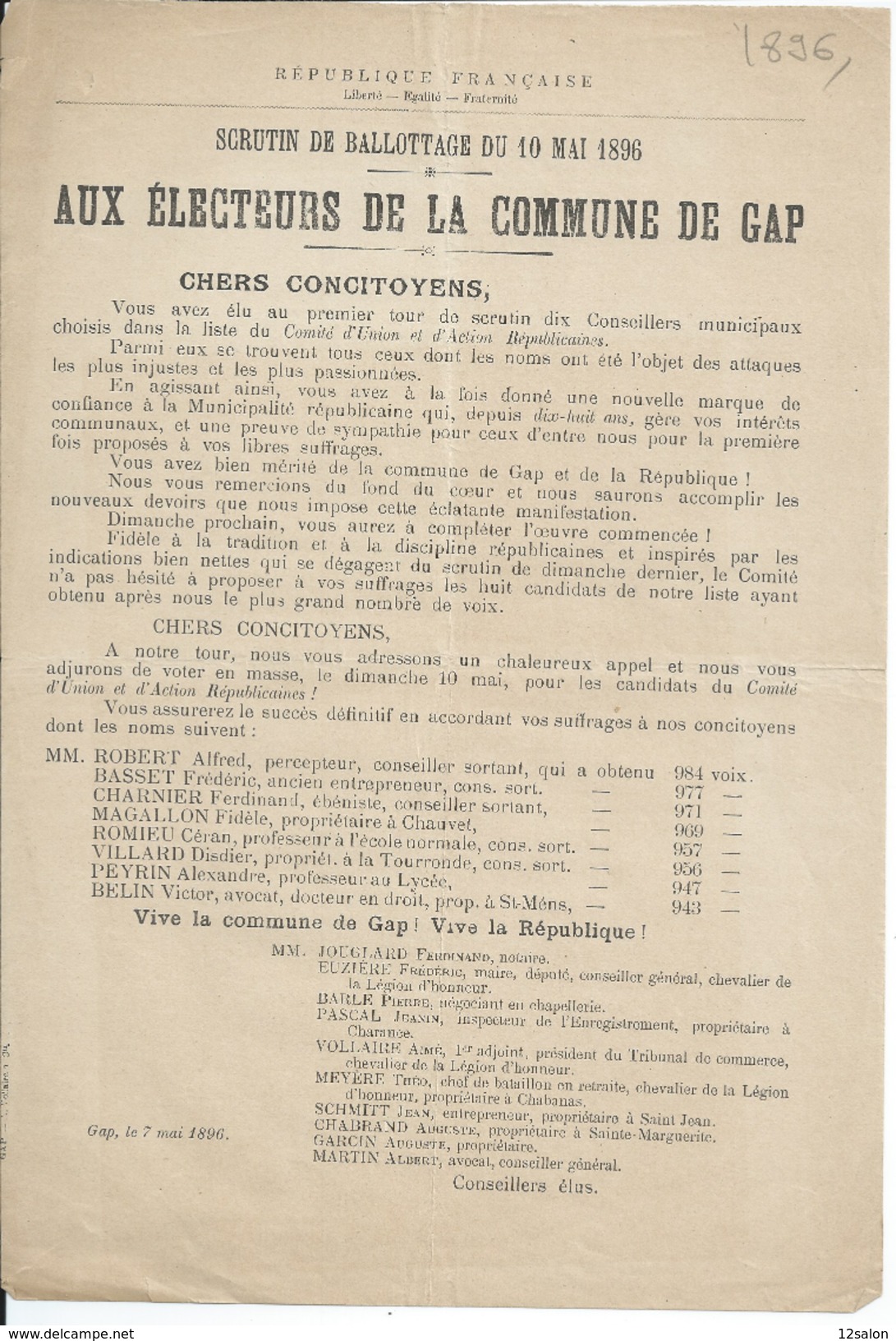 ELECTIONS TRACT  HAUTES ALPES GAP 1896 - Documents Historiques