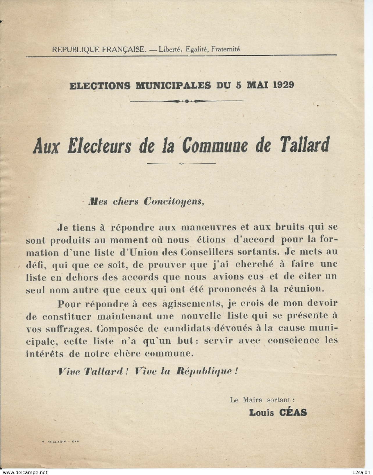 ELECTIONS TRACT  HAUTES ALPES TALLARD 1929 - Historische Documenten