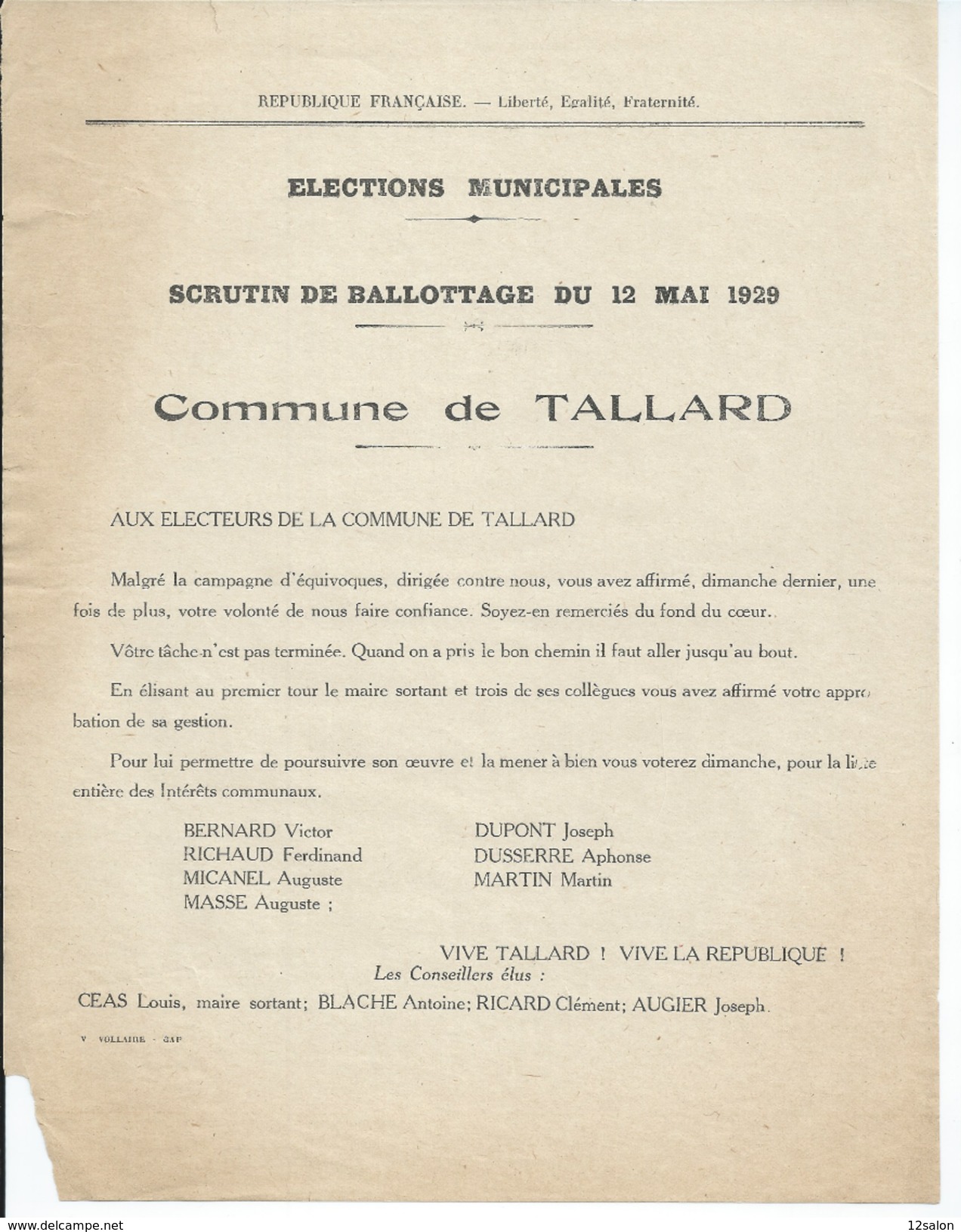 ELECTIONS TRACT  HAUTES ALPES TALLARD 1929 - Documents Historiques