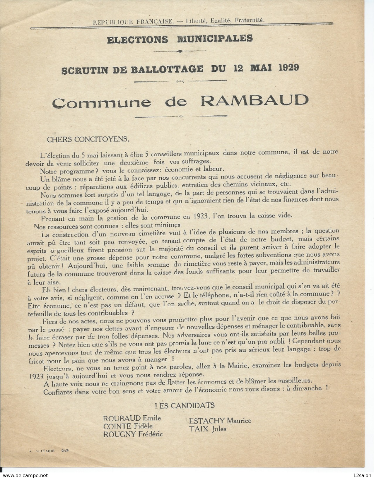 ELECTIONS TRACT  HAUTES ALPES RAMBAUD 1929 - Documentos Históricos
