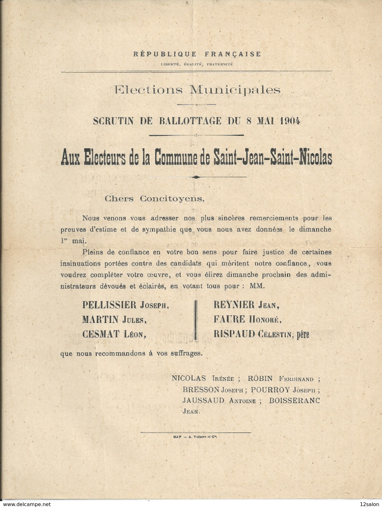 ELECTIONS TRACT  HAUTES ALPES SAINT JEAN SAINT NICOLAS 1904 - Documentos Históricos