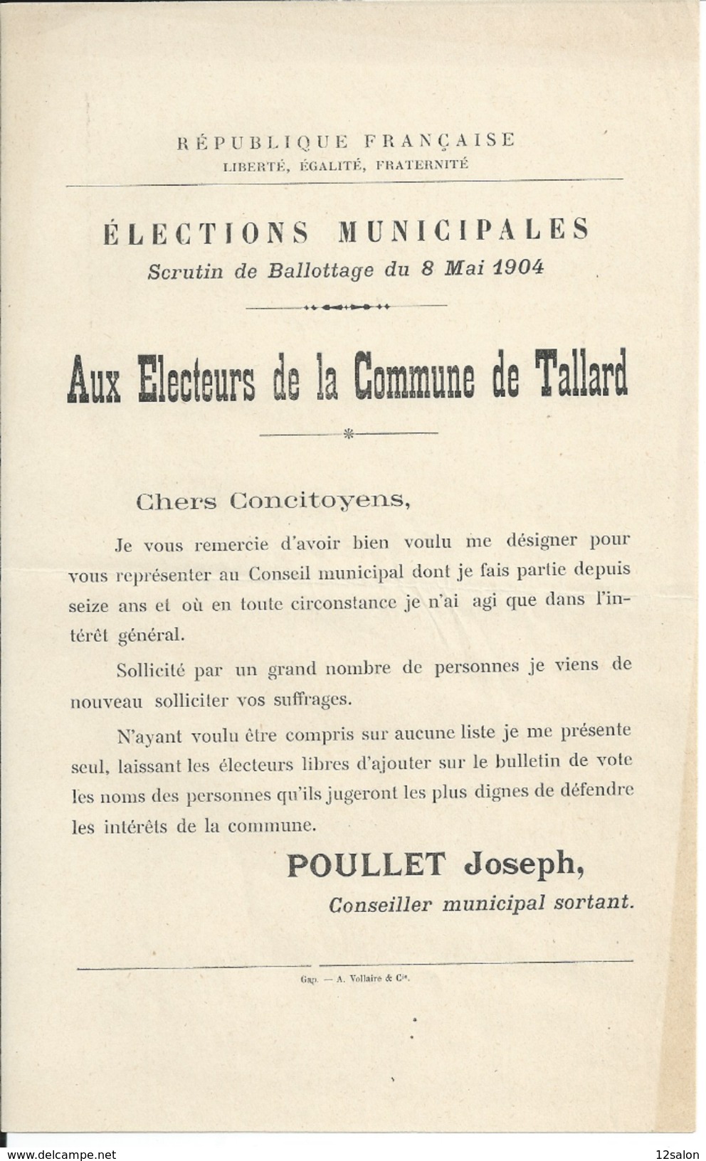 ELECTIONS TRACT  HAUTES ALPES TALLARD 1904 - Documents Historiques