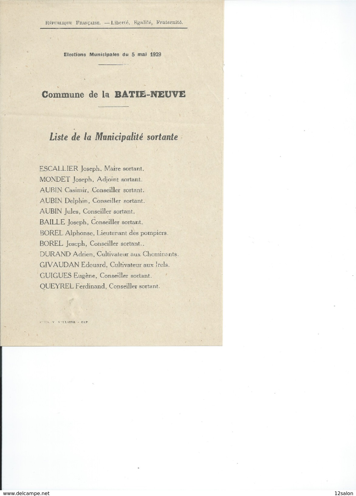 ELECTIONS TRACT  HAUTES ALPES BATIE NEUVE1929 - Historische Documenten