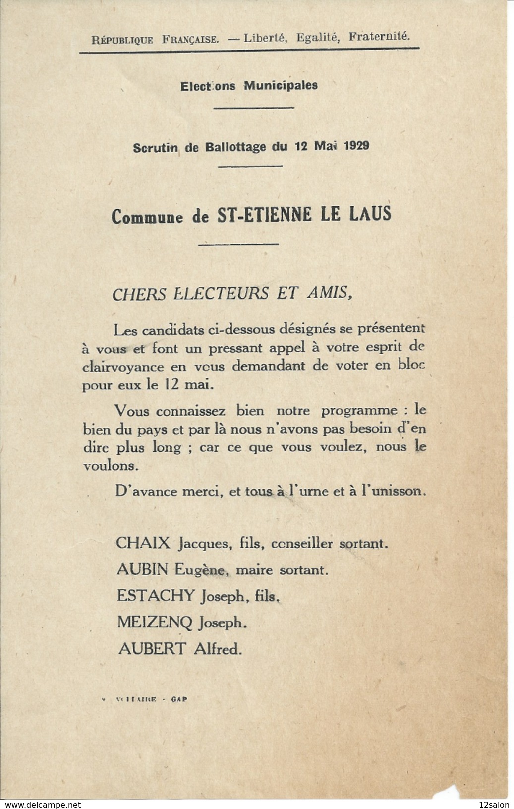 ELECTIONS TRACT  HAUTES ALPES SAINT ETIENNE LE LAUS 1929 - Documentos Históricos