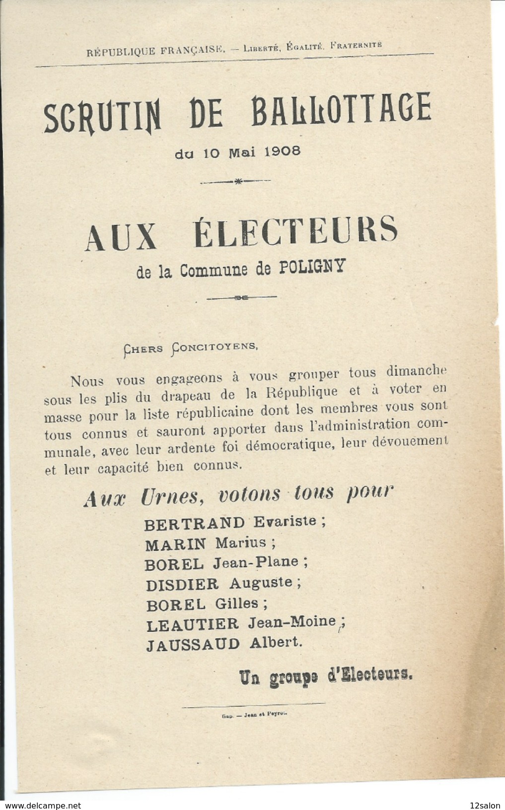 ELECTIONS TRACT  HAUTES ALPES POLIGNY 1908 - Documentos Históricos