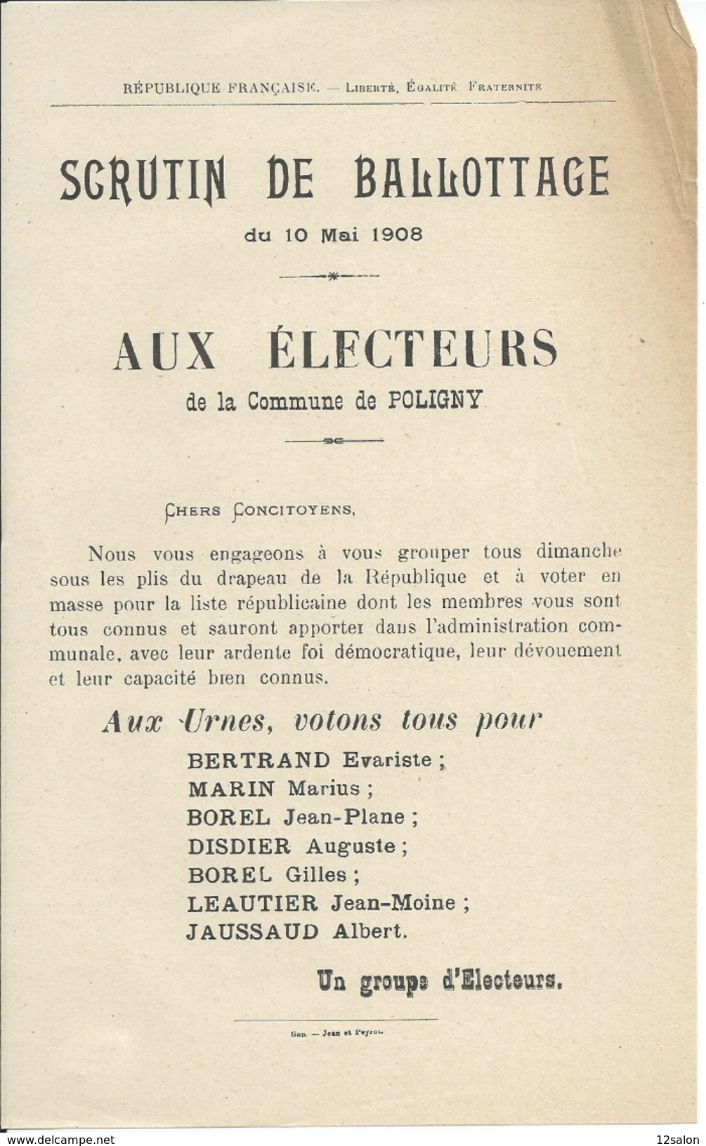 ELECTIONS TRACT  HAUTES ALPES POLIGNY 1908 - Historische Documenten
