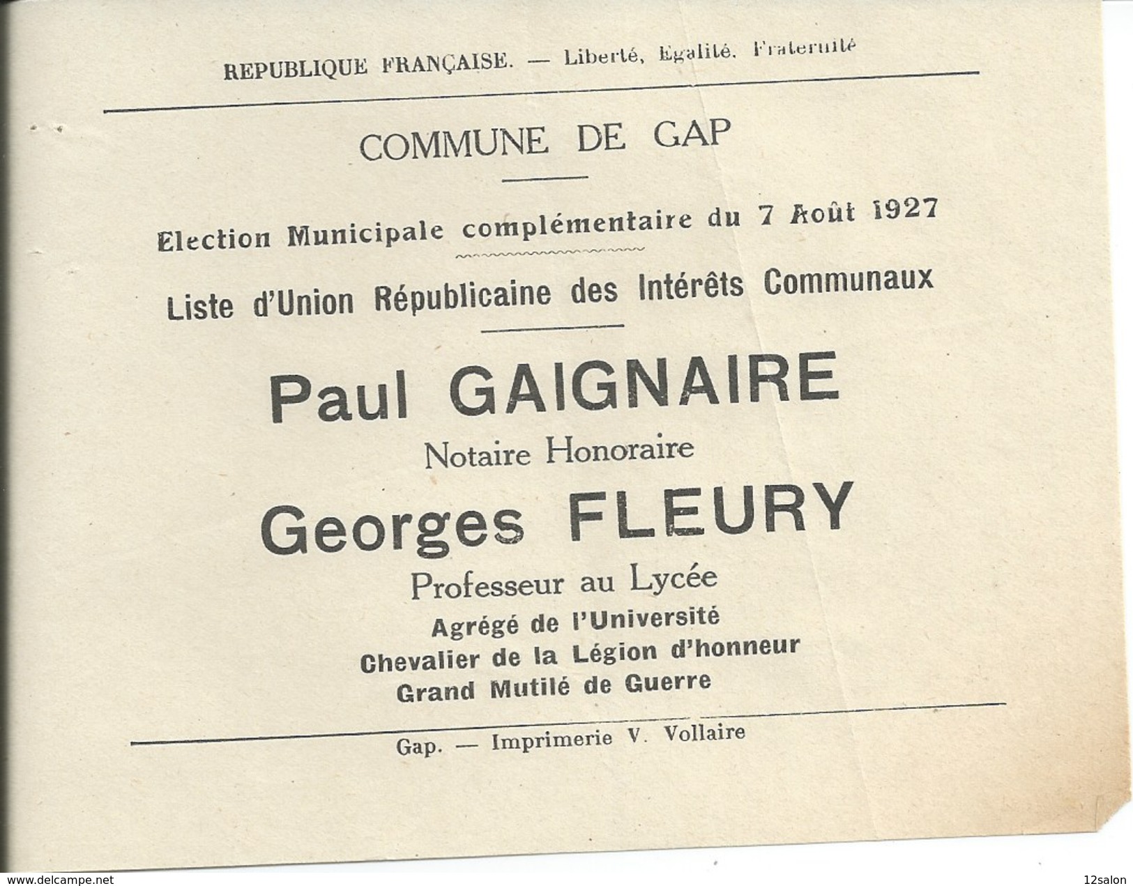 ELECTIONS TRACT  HAUTES ALPES GAP 1927 - Documentos Históricos