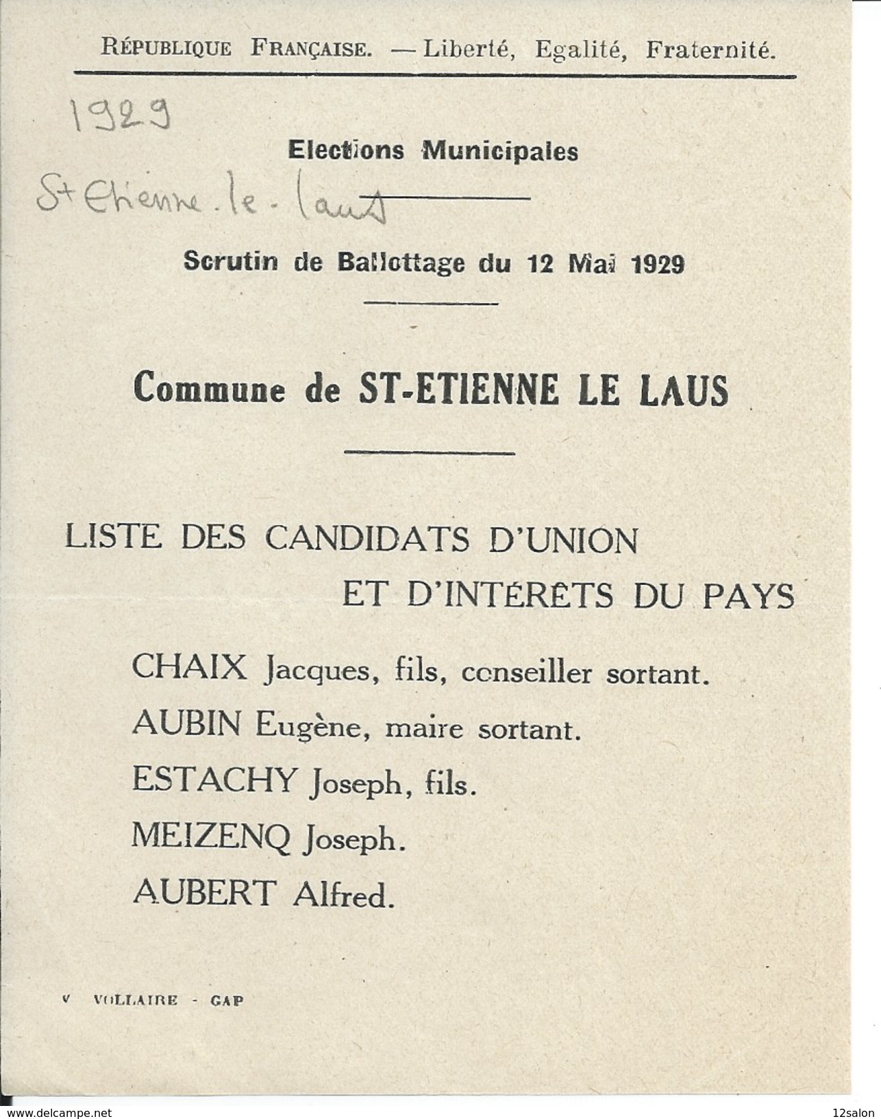 ELECTIONS TRACT  HAUTES ALPES SAINT ETIENNE LE LAUS 1929 - Historische Documenten