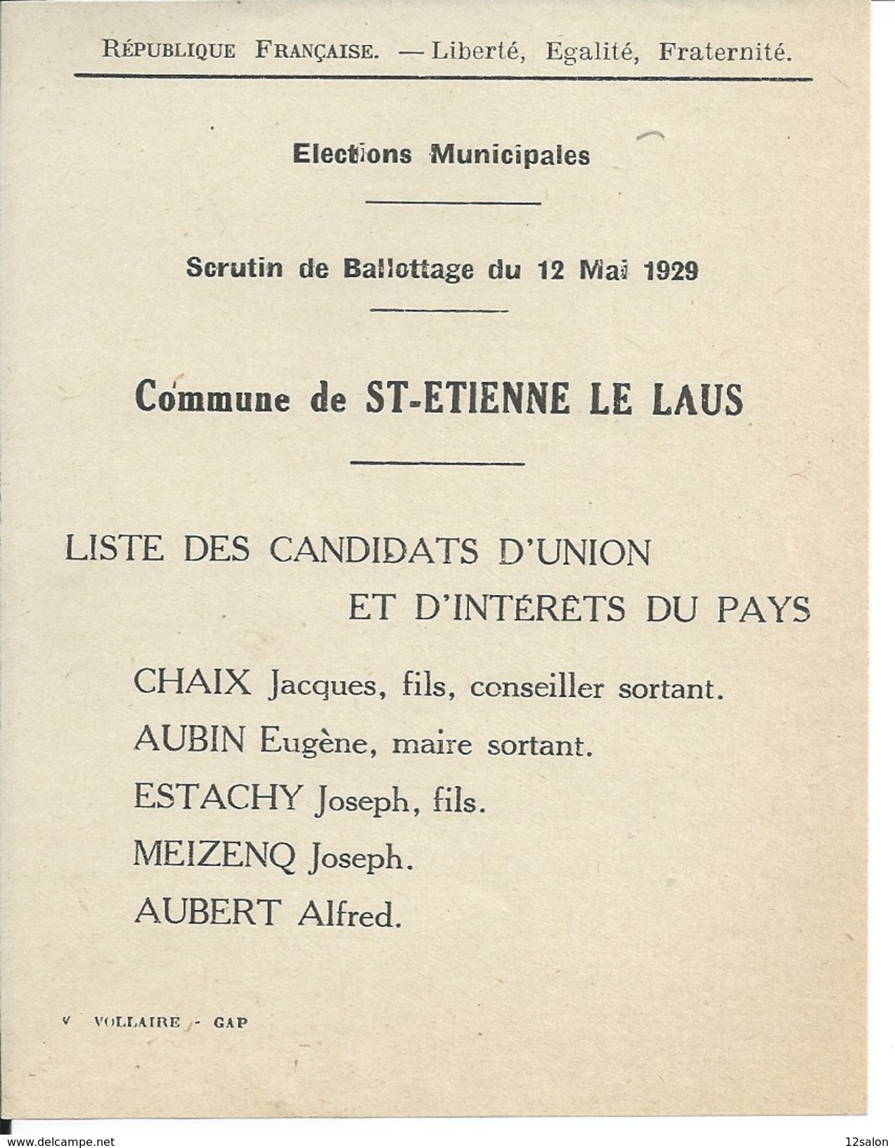 ELECTIONS TRACT  HAUTES ALPES SAINT ETIENNE LE LAUS 1929 - Documentos Históricos