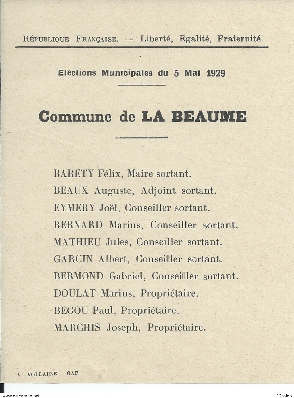 ELECTIONS TRACT  HAUTES ALPES LA BEAUME 1929 - Historische Dokumente