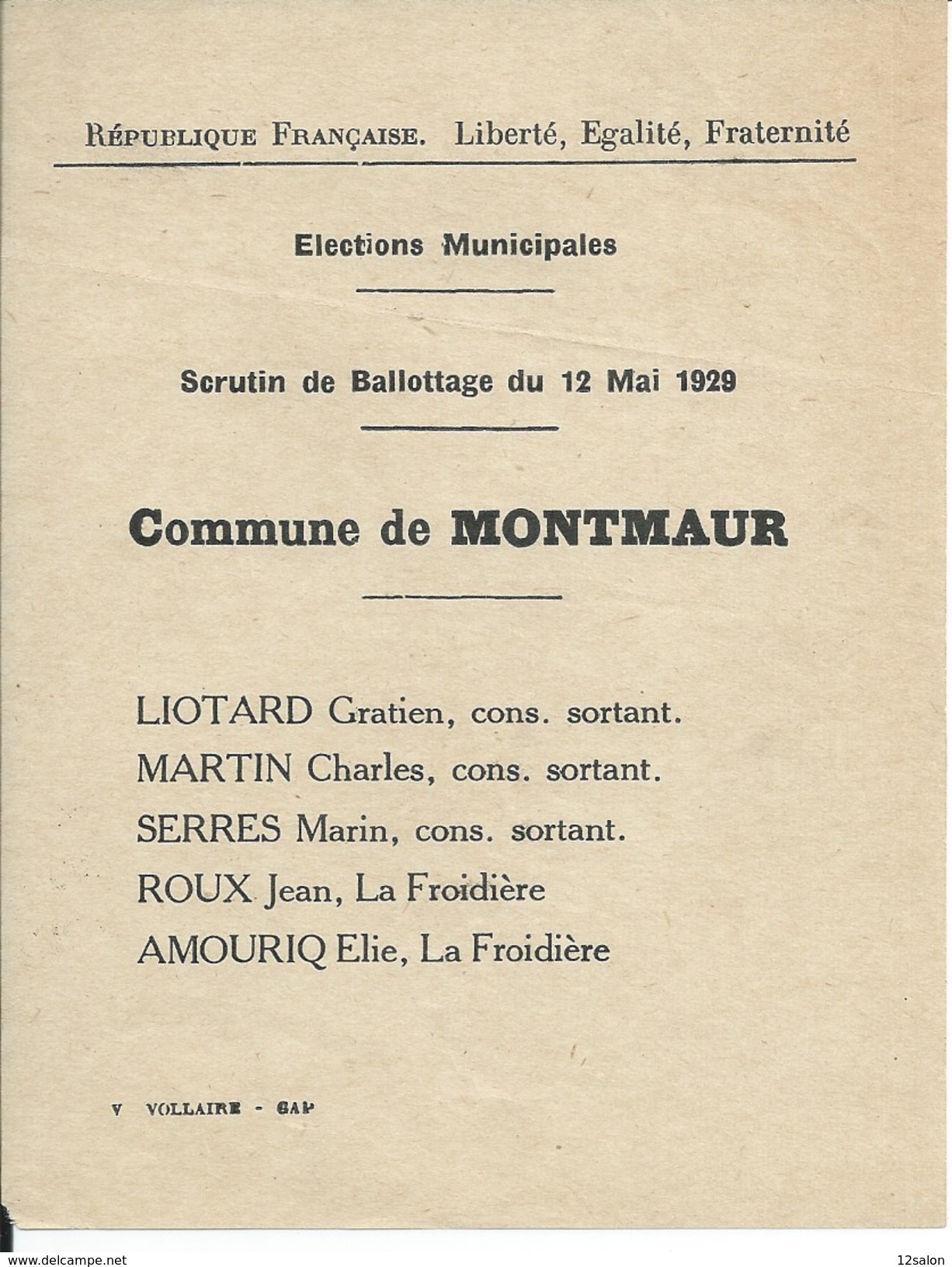 ELECTIONS TRACT  HAUTES ALPES    MONTMAUR 1929 - Documentos Históricos