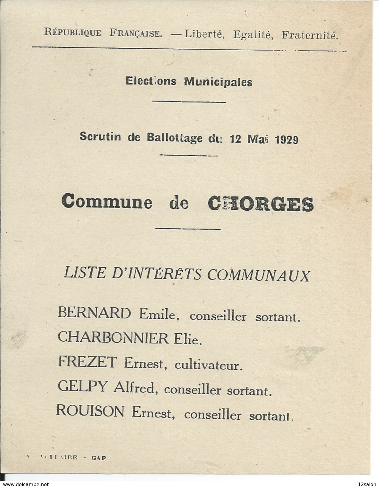 ELECTIONS TRACT  HAUTES ALPES CHORGES 1929 - Documents Historiques