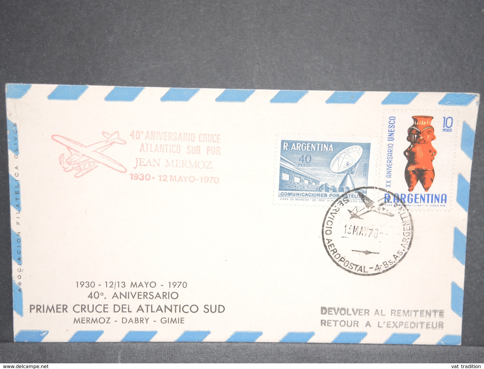 ARGENTINE  - Enveloppe Commémorative De La Traversée Atlantique Par Mermoz /Dabry /Gimié En 1970 - L 6632 - Cartas & Documentos