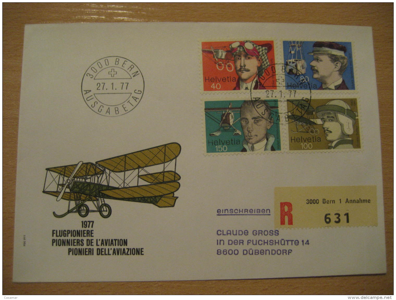 PIONNIERS DE L' AVIATION Air Plane Aviation BERN 1977 FDC Cancel Registered Cover SWITZERLAND - Vliegtuigen