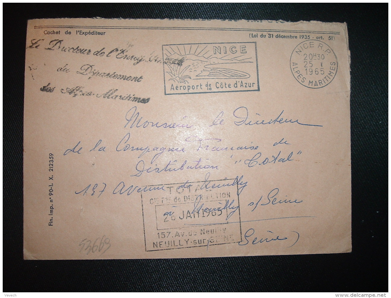 LETTRE OBL.MEC.25-1-1965 NICE RP (06 ALPES-MARITIMES)Le Directeur De L'Enregistrement Du Département Des Alpes-Maritimes - Lettres Civiles En Franchise