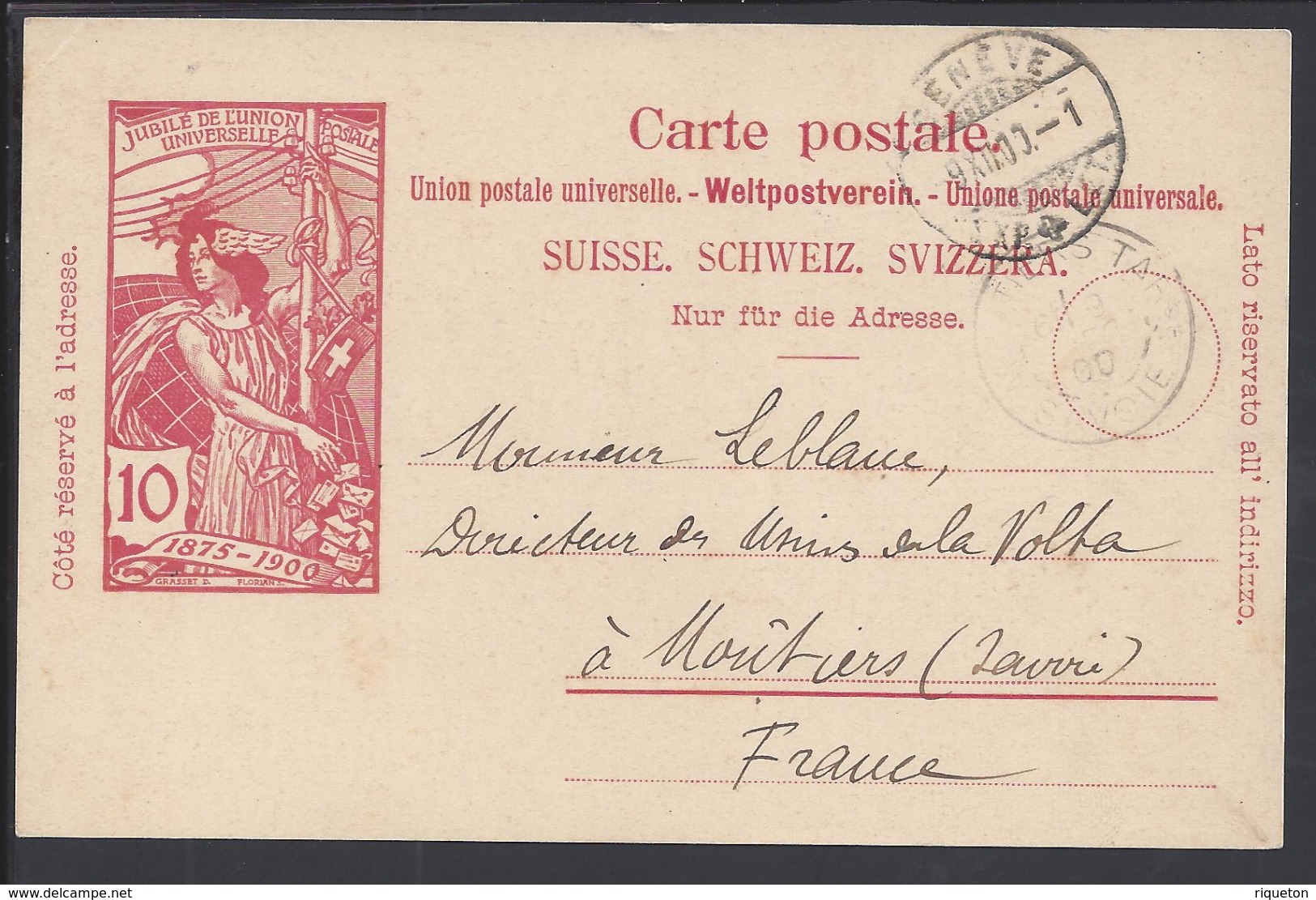 SUISSE - 1900 - Carte Entier Postal 10 Ct U.P.U - Voyagé De Genève à Moutiers - FR - - Entiers Postaux