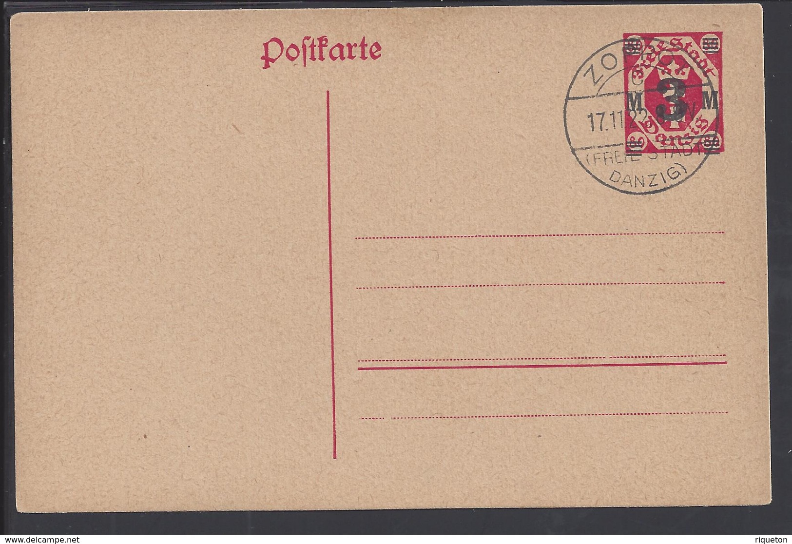 DANTZIG - 1922 - Carte Entier Postal Neuve 80 P Surchargé 3 M - B/TB - - Postwaardestukken