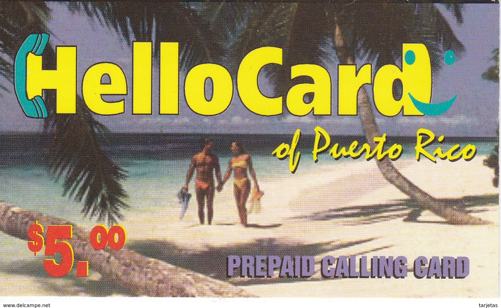 TARJETA DE PUERTO RICO DE $5 DE HELLO CARD PAREJA EN LA PLAYA (NUEVA-MINT) - Puerto Rico