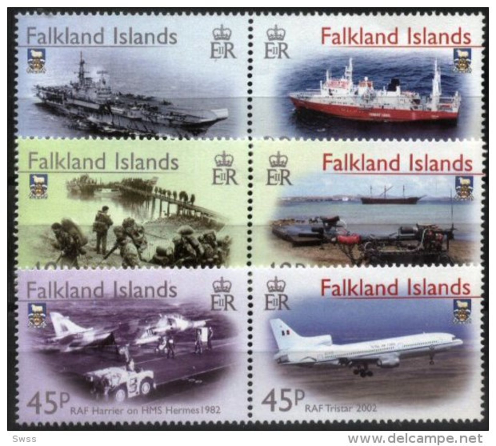 FALKLAND ISLANDS, 2002, LIBERATION ANNIVERSARY, AIRPLANES, BOATS, YV#821-26, MNH - Falkland Islands