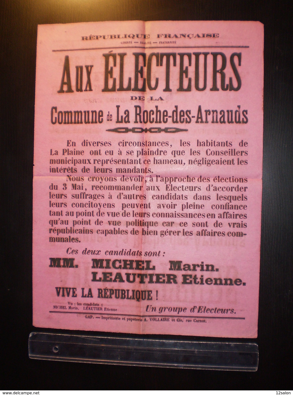 ELECTIONS AFFICHE  HAUTES ALPES LA ROCHE DES ARNAUDS 1900/1930 - Plakate