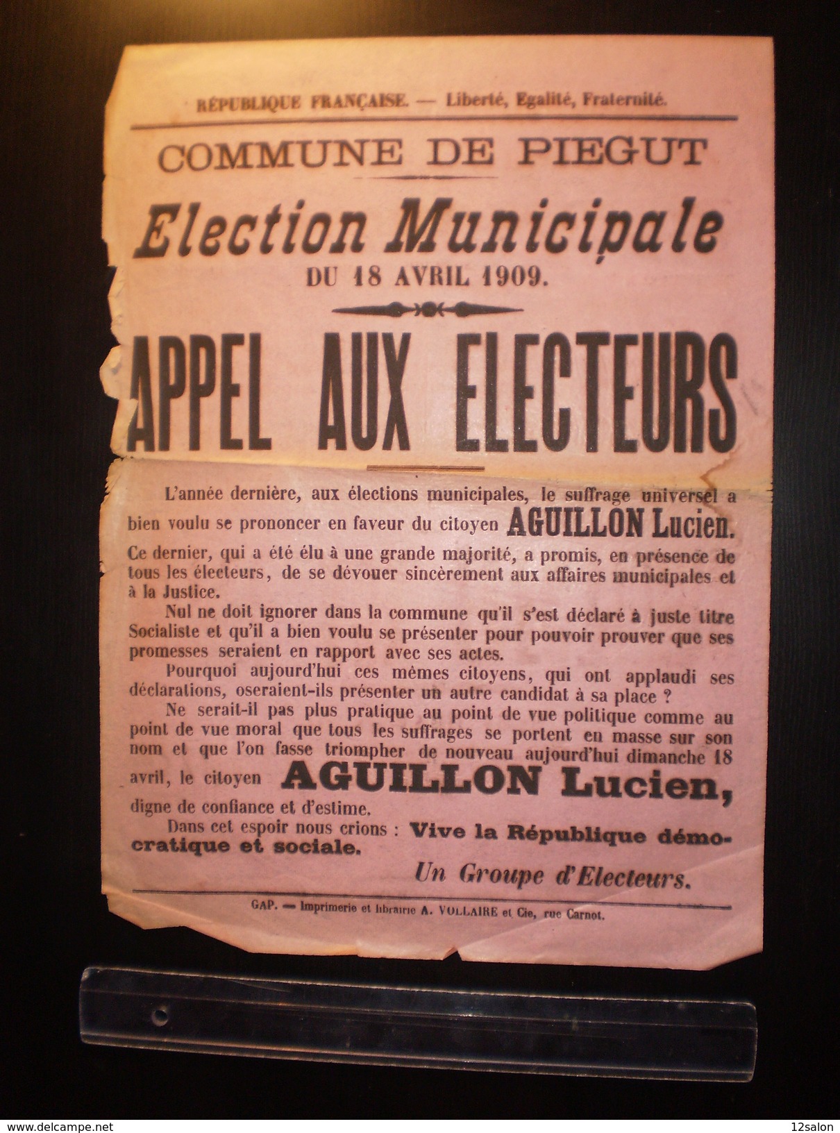 ELECTIONS AFFICHE  HAUTES ALPES PIEGUT 1909 - Affiches