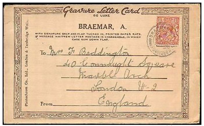 1928 GREAT BRITAIN SCOTLAND SINGLE ON BRAEMAR MULTI VIEW POSTCARD TO ENGLAND - Storia Postale