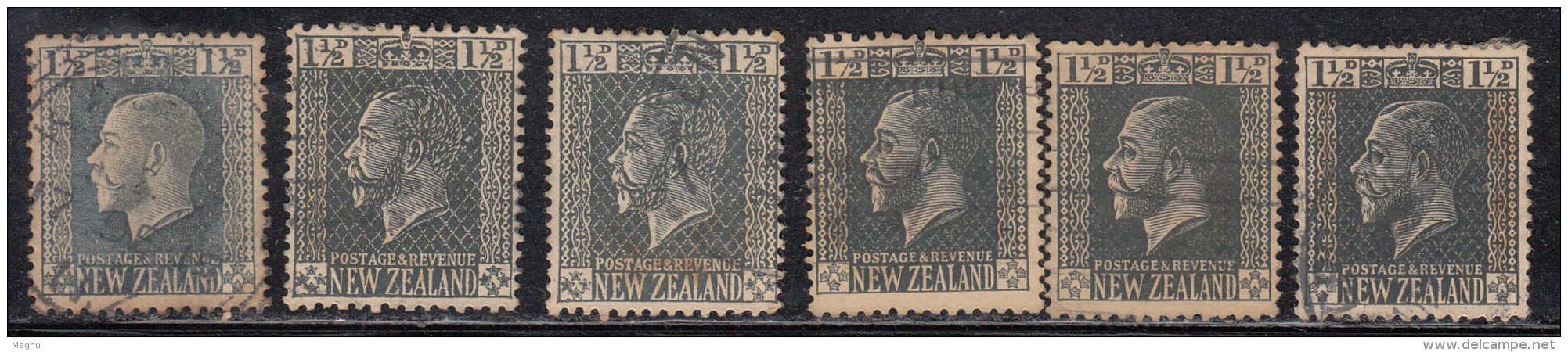 1&frac12;d X 6 Used, Shades &amp; Perferation Varities, KGV Series, 1915 Onwards, New Zealand - Gebruikt