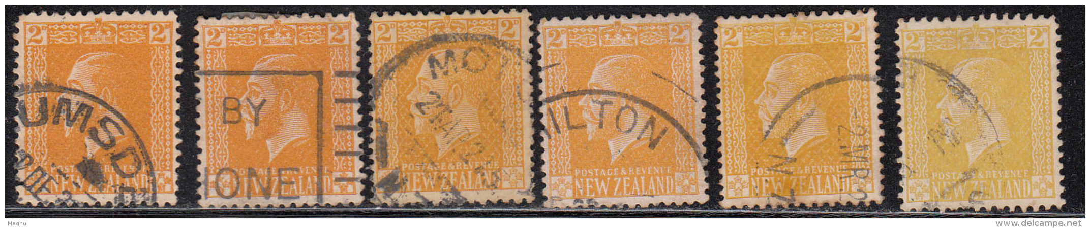 2d X 6 Used, Shades &amp; Perferation Varities, KGV Series, 1915 Onwards, New Zealand - Oblitérés