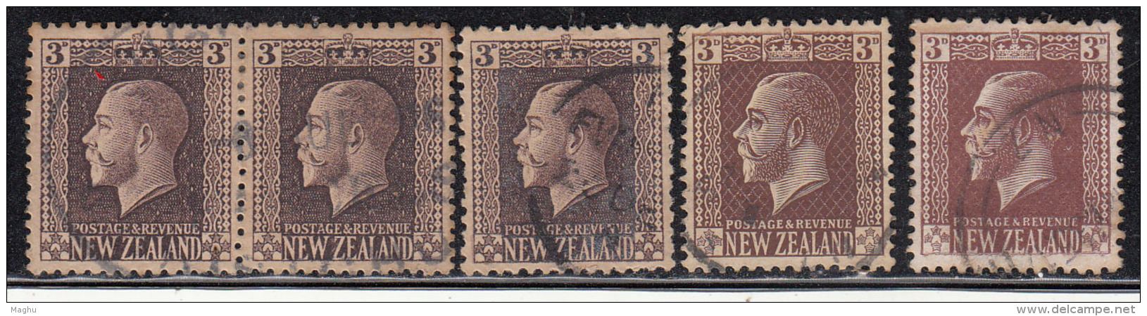 3d X 5 Used, Shades &amp; Perferation Varities, KGV Series, 1915 Onwards, New Zealand - Oblitérés
