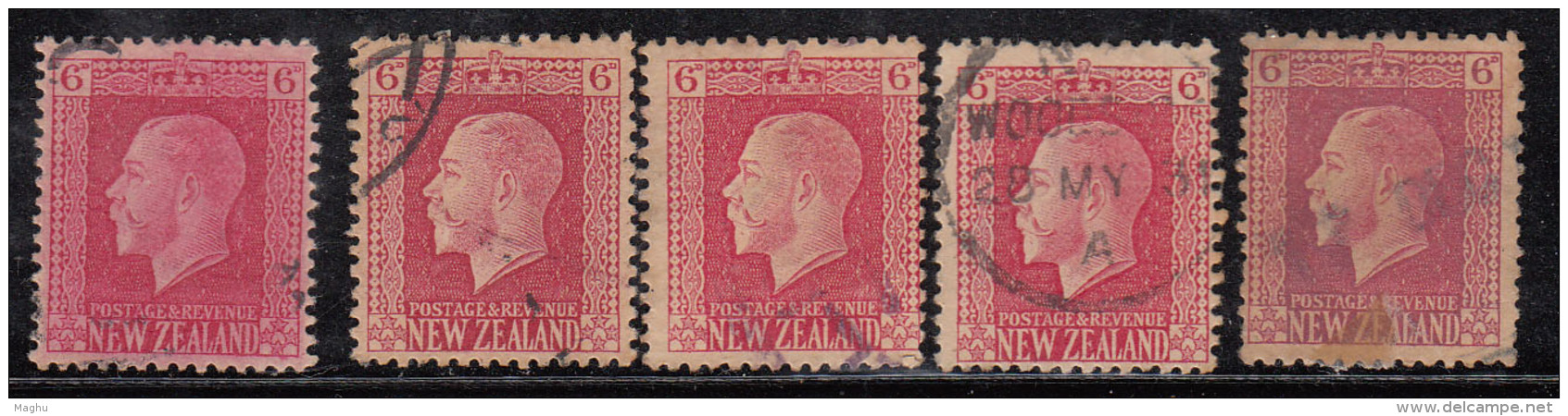 6d X 5 Used, Shades &amp; Perferation Varities, KGV Series, 1915 Onwards, New Zealand - Gebruikt