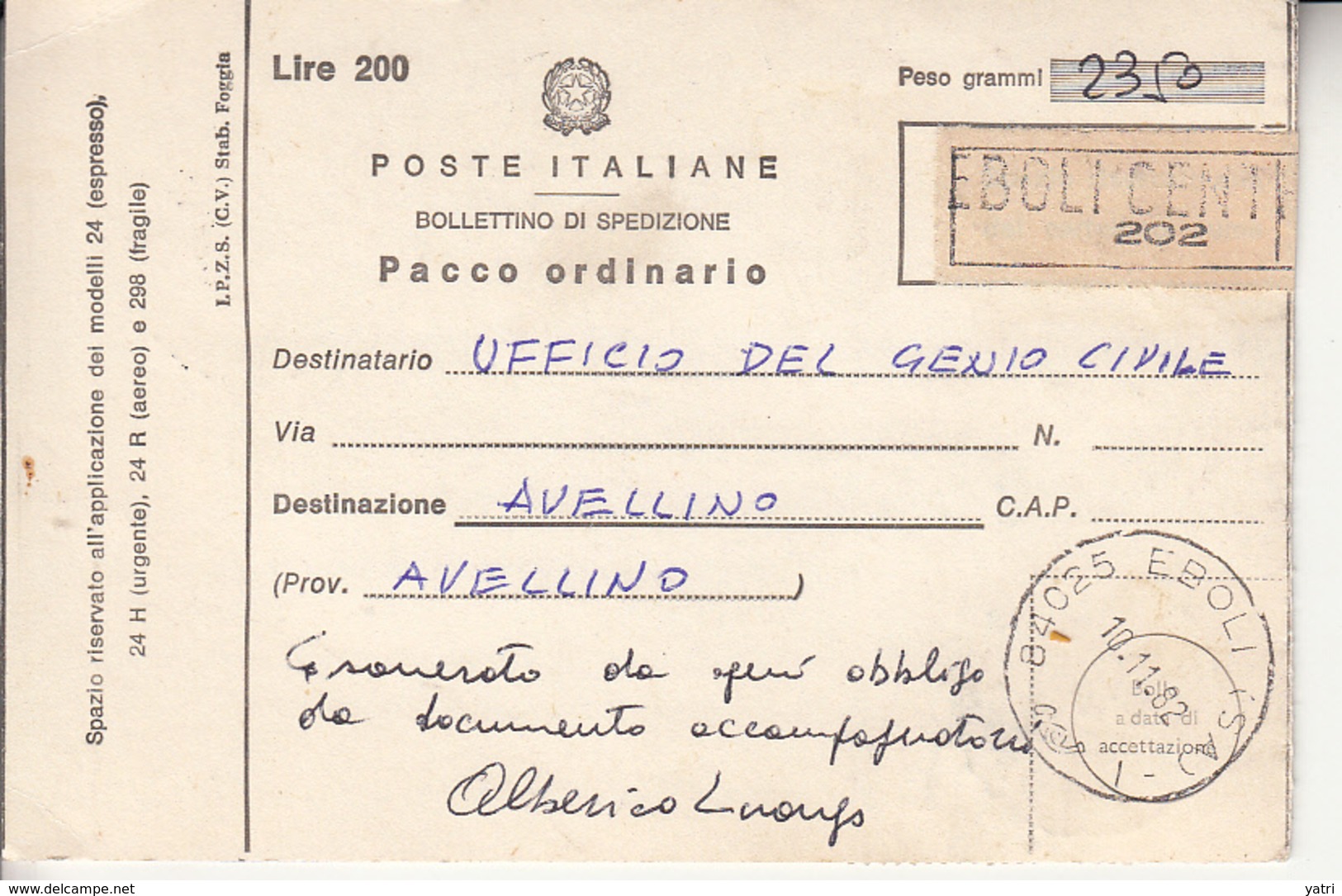 Italia (1982) - Bollettino Pacchi Da Eboli Per Avellino (Manoscritti Non Sciolti) - Pacchi Postali