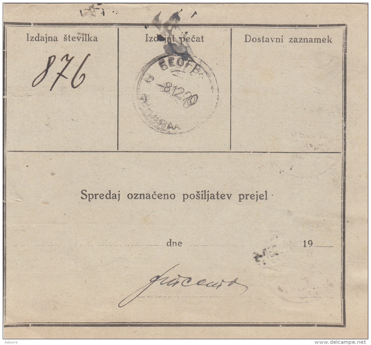 JUGOSLAWIEN 1920 - 60 P + 6 D Auf Paketkarte Gel.von VINCOVCE Nach BEOGRAD - Briefe U. Dokumente