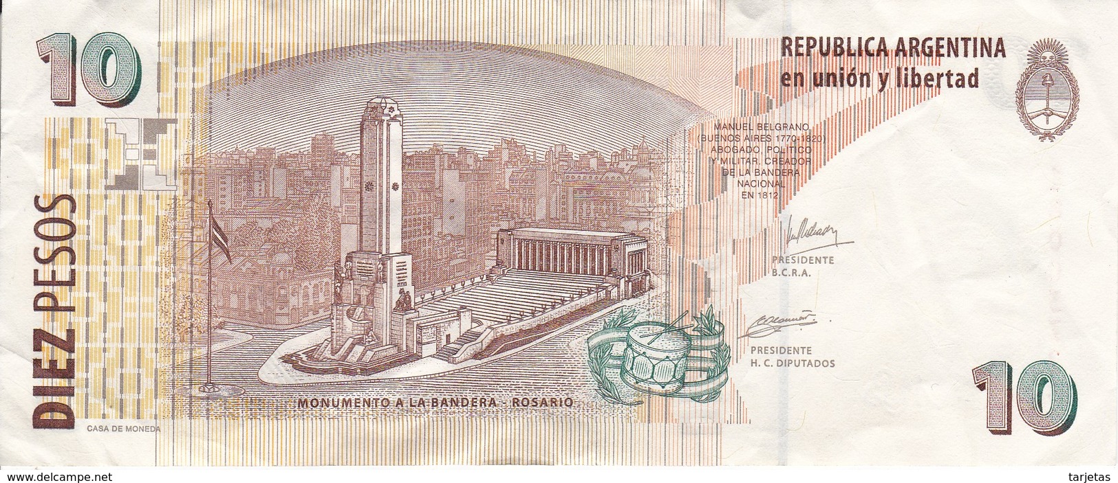 BILLETE DE ARGENTINA DE 10 PESOS DE MANUEL BELGRANO (BANKNOTE) - Argentina