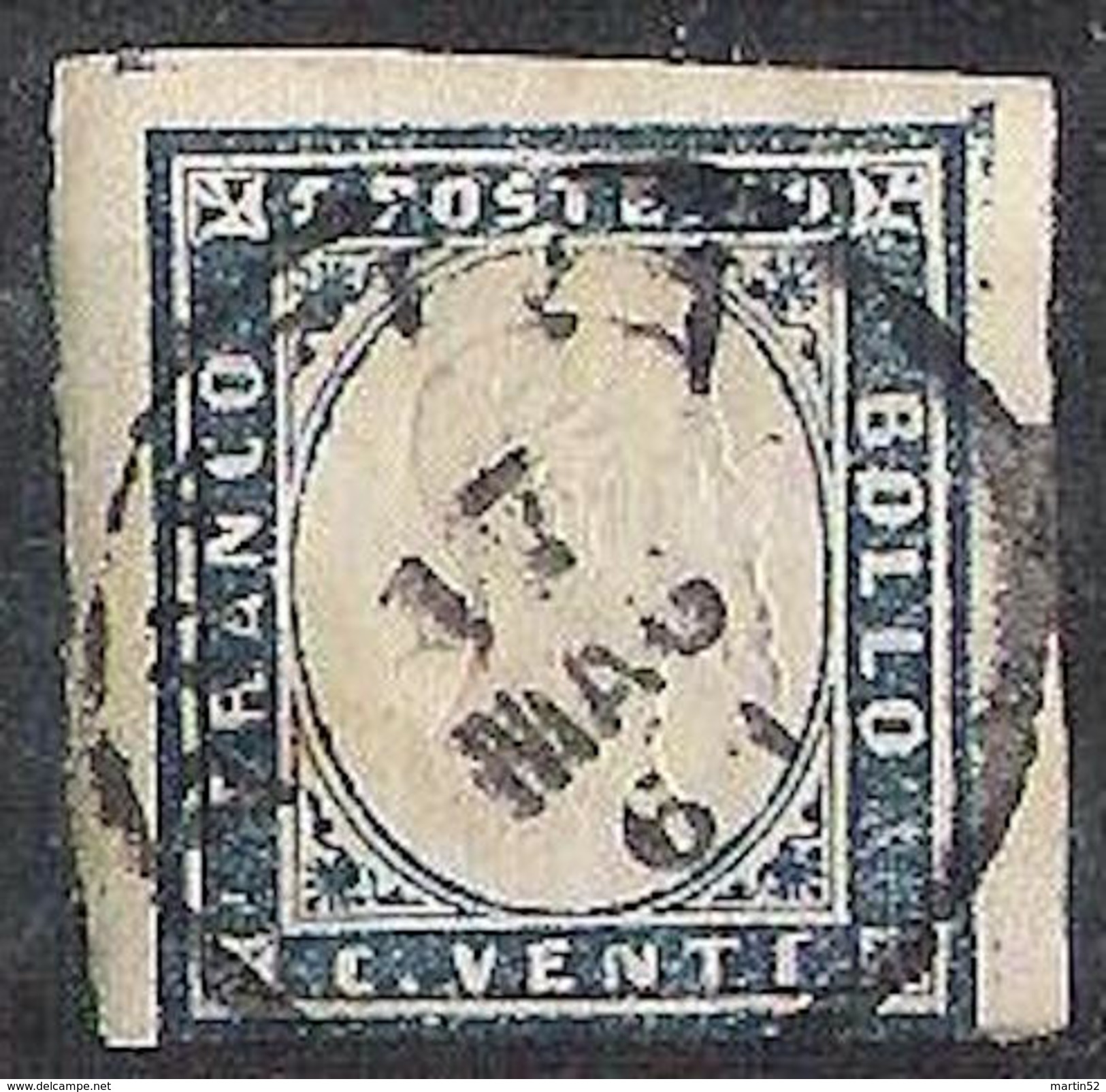 Sardegna 1860: V.E.II 20 Cmi Azzurro Grigio Stampa Granulosa Prob 15Cc O BRESCIA C1 17 MAG 61 - Sardegna