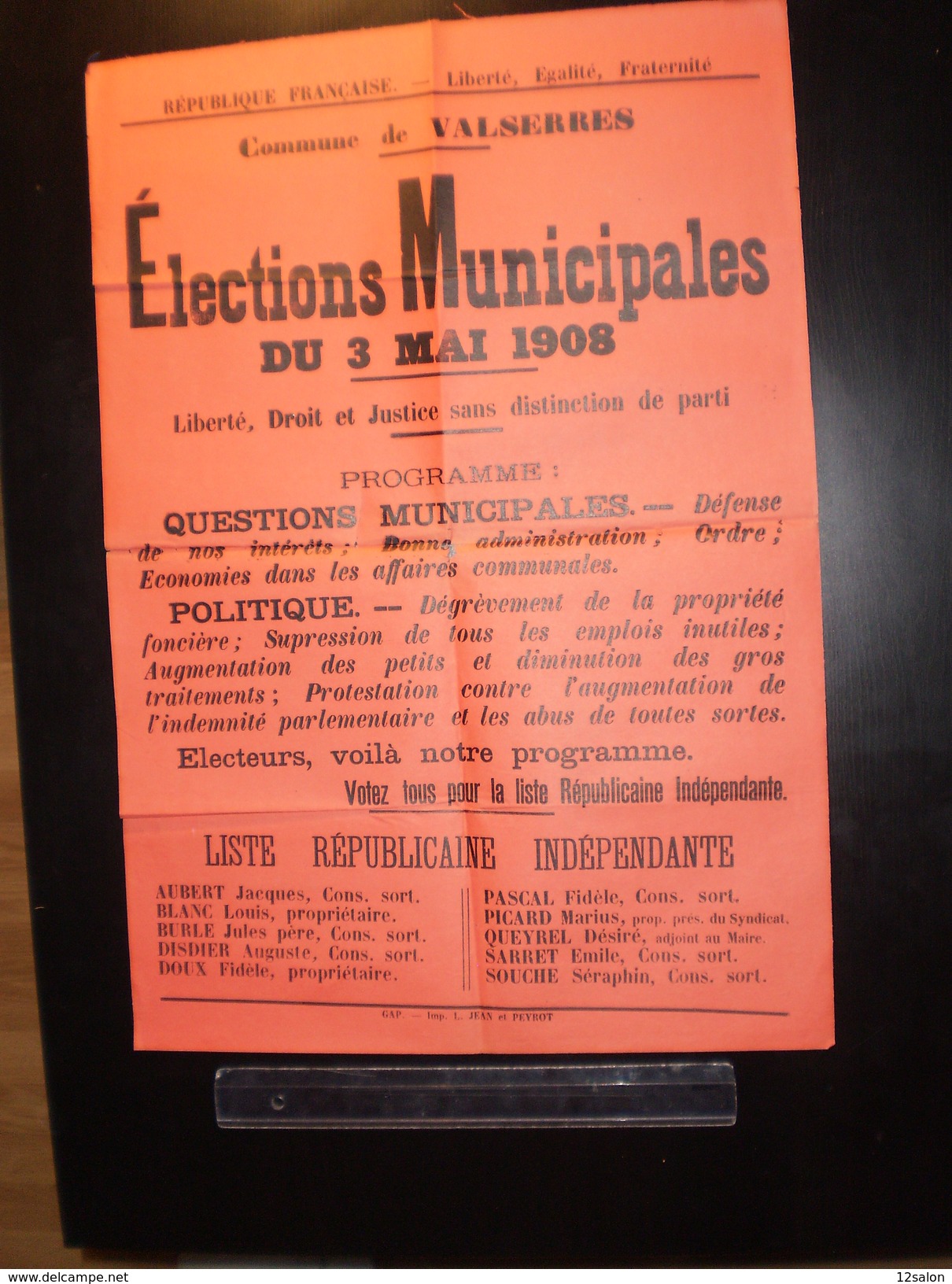 ELECTIONS AFFICHE  HAUTES ALPES VALSERRES 1908 - Posters