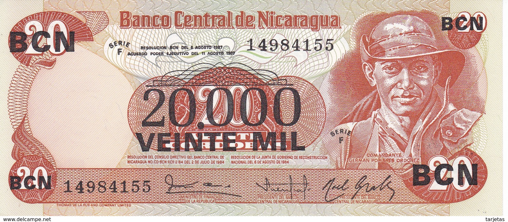 BILLETE DE NICARAGUA DE 20000 CORDOBAS DEL AÑO 1987 CON RESELLO (BANKNOTE) SIN CIRCULAR-UNCIRCULATED - Nicaragua