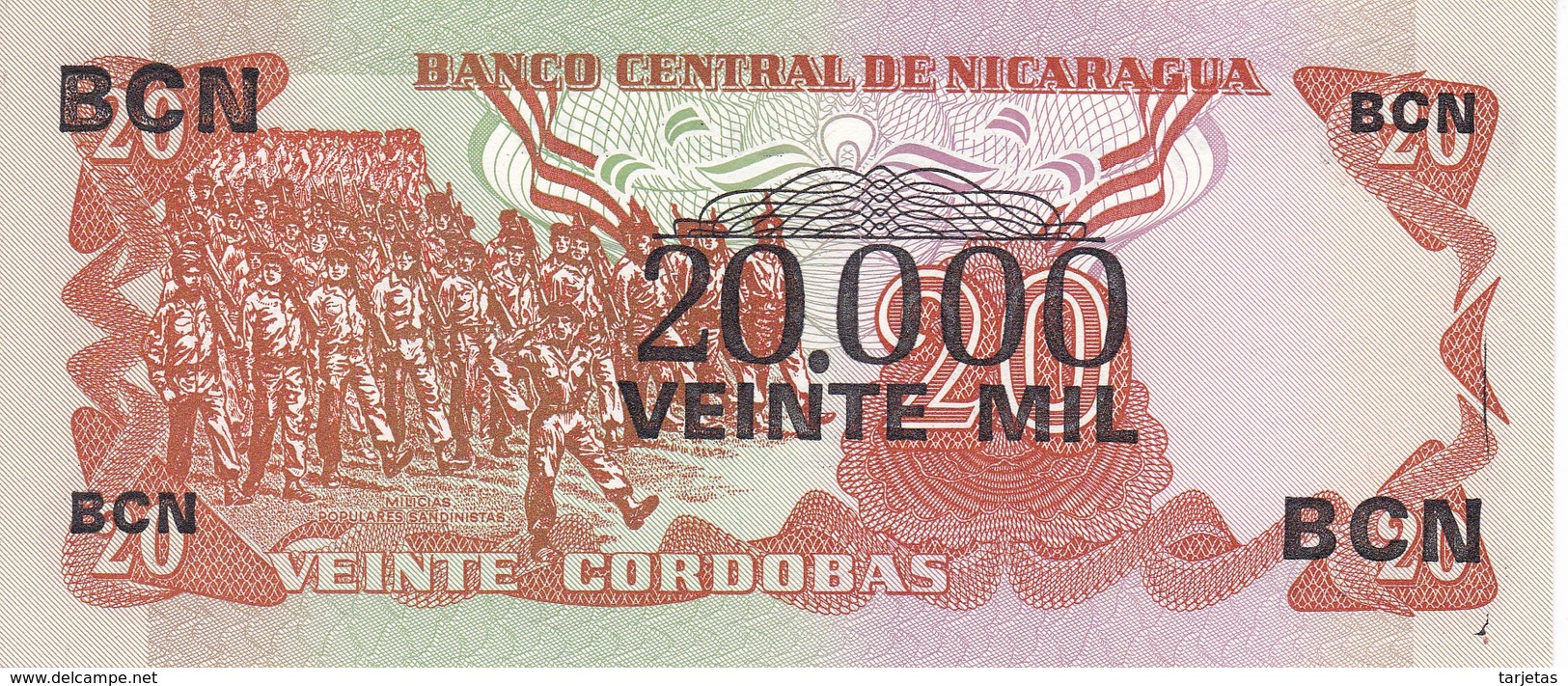 BILLETE DE NICARAGUA DE 20000 CORDOBAS DEL AÑO 1987 CON RESELLO (BANKNOTE) SIN CIRCULAR-UNCIRCULATED - Nicaragua