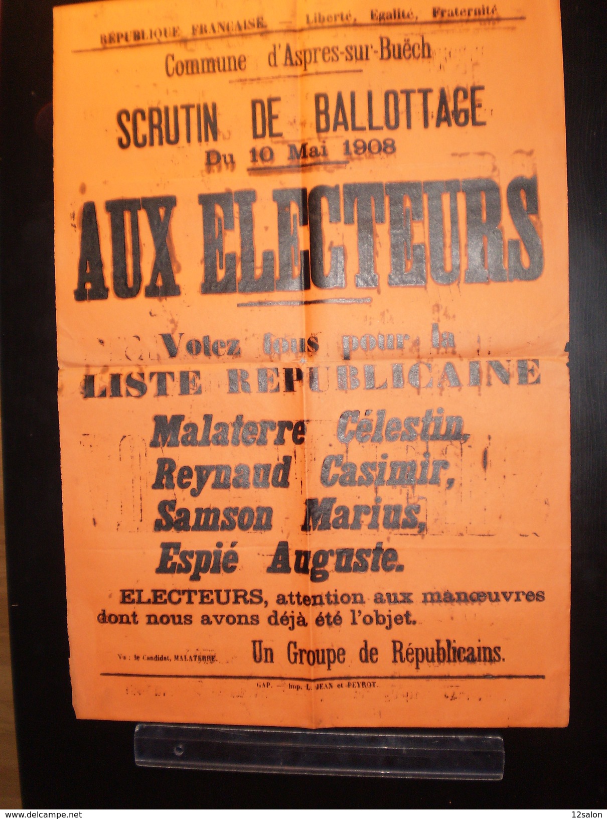 ELECTIONS AFFICHE  HAUTES ALPES ASPRES SUR BUECH 1908 - Plakate